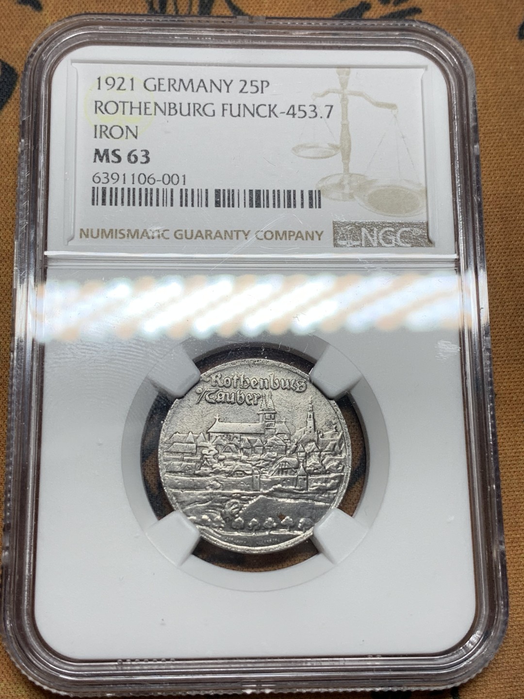 《竞宝斋》第106场-周日，周一 2场连拍（全场包邮） NGC MS63 德国 德紧1921 罗滕堡 25芬妮 少见品种带景观