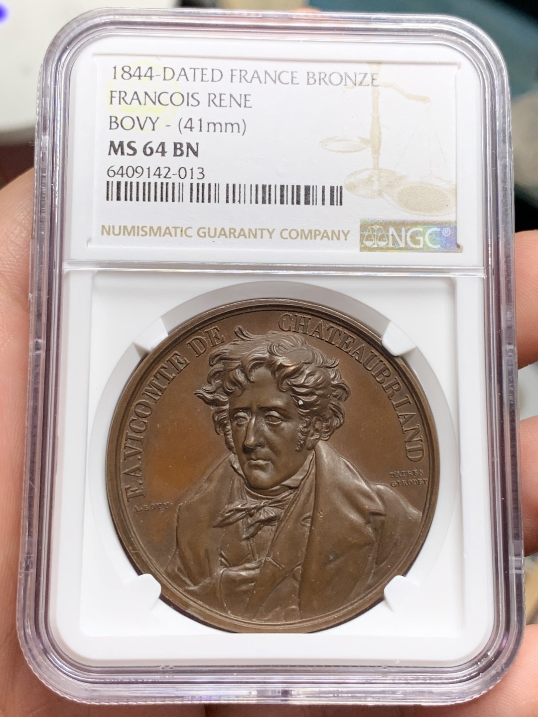 《竞宝斋》第106场-周日，周一 2场连拍（全场包邮） NGC MS64 加厚盒1844法国作家外交家夏多布里昂纪念铜章 巧克力色高浮雕