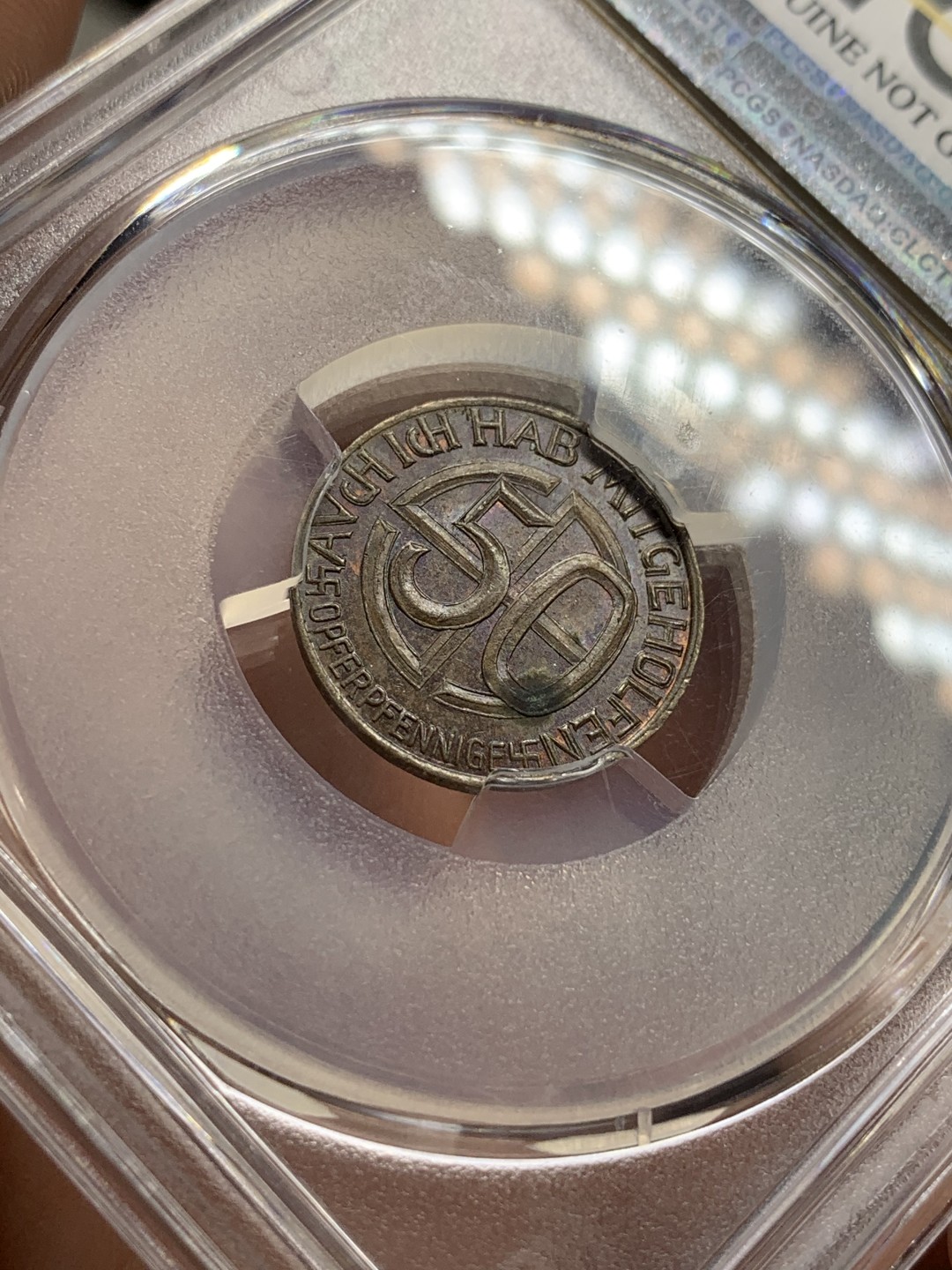 《竞宝斋》第106场-周日，周一 2场连拍（全场包邮） PCGS UNC97 德国1938年 小胡子 50芬尼 代用币 这个头像带面值的基本见不到，这个细节好给了97 比较遗憾