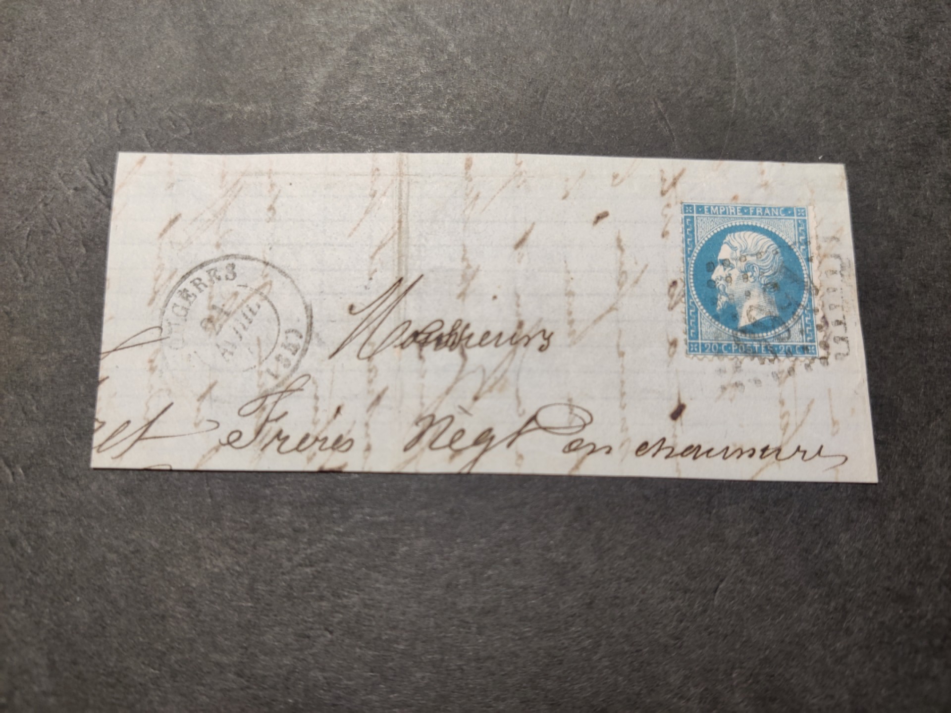 洪涛臻品 精选邮票限时拍卖第五十五期 1862年法国拿破仑三世20分邮票(2008年新票定价190美元)实寄封剪片。少见的极早古典邮品！多年收藏，每件都是唯一, 本期一次性上完, 唯一机会！清代大龙邮票上任意1枚盖1878年的邮戳早在一二十年前全世界都能卖一两万美元,这枚比1878年的大龙邮戳还要早10多年！终生保真！