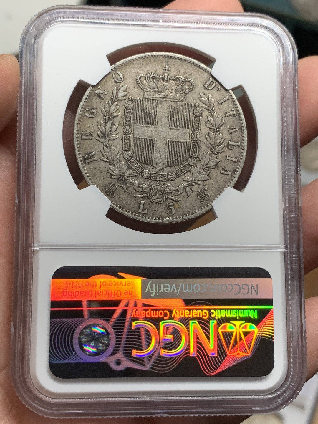 《竞宝斋》第106场-周日，周一 2场连拍（全场包邮） NGC-AU50 意大利1873年 艾曼纽尔二世 5里拉大银币 原味好品