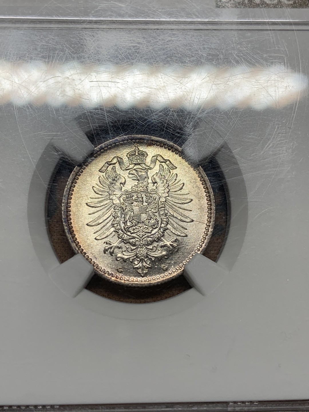 《竞宝斋》第106场-周日，周一 2场连拍（全场包邮） NGC-MS62 德国1875G短翅50芬尼银币 完美原光幻彩包浆 太漂亮