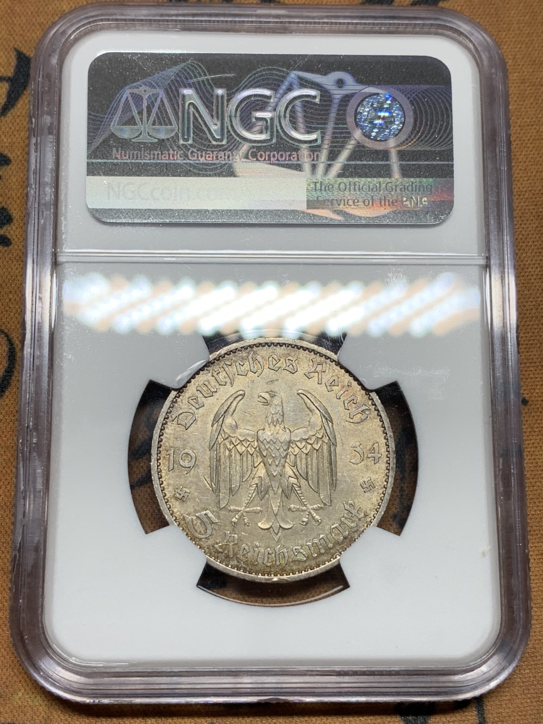 《竞宝斋》第106场-周日，周一 2场连拍（全场包邮） NGC-MS62 1934年加字教堂5马克 纪念小胡子上台一周年 该品种传世好味道难得