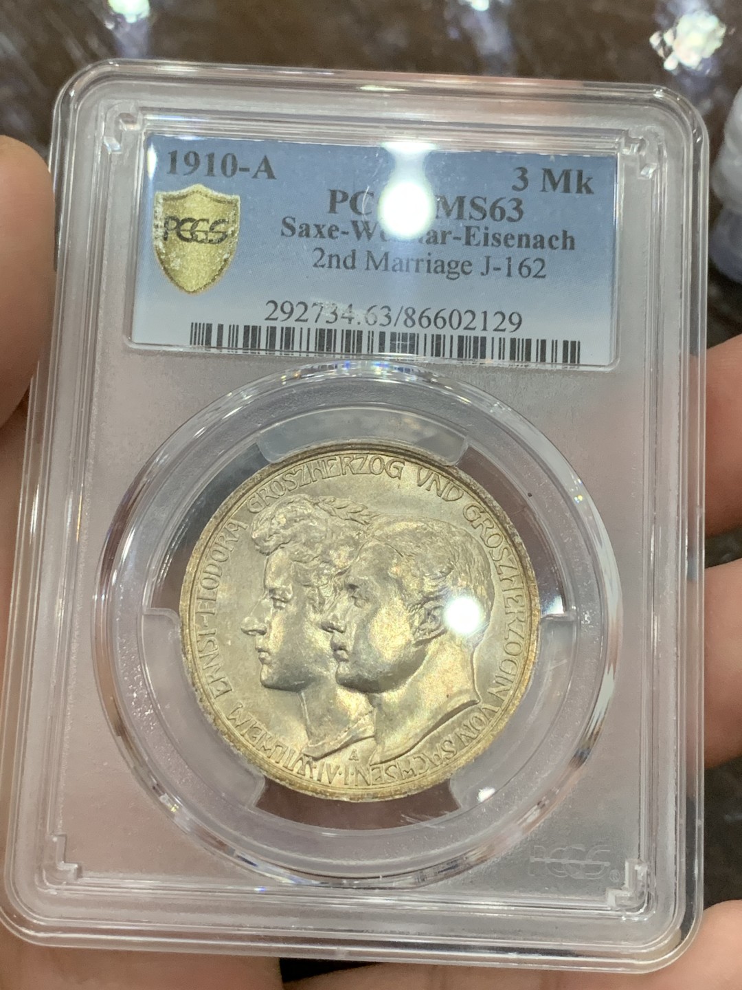 《竞宝斋》第106场-周日，周一 2场连拍（全场包邮） PCGS MS63 德国萨克斯魏玛艾森纳赫 1910年 3马克 银币