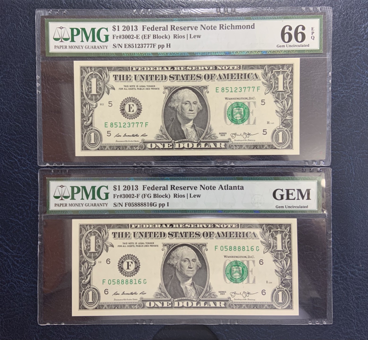 收藏联盟Quantum Auction 第199期拍卖  美国2013年联邦储备券1元两张 PMG66 绝品 豹子号777以及内含狮子号8888 其中一张为币展样品