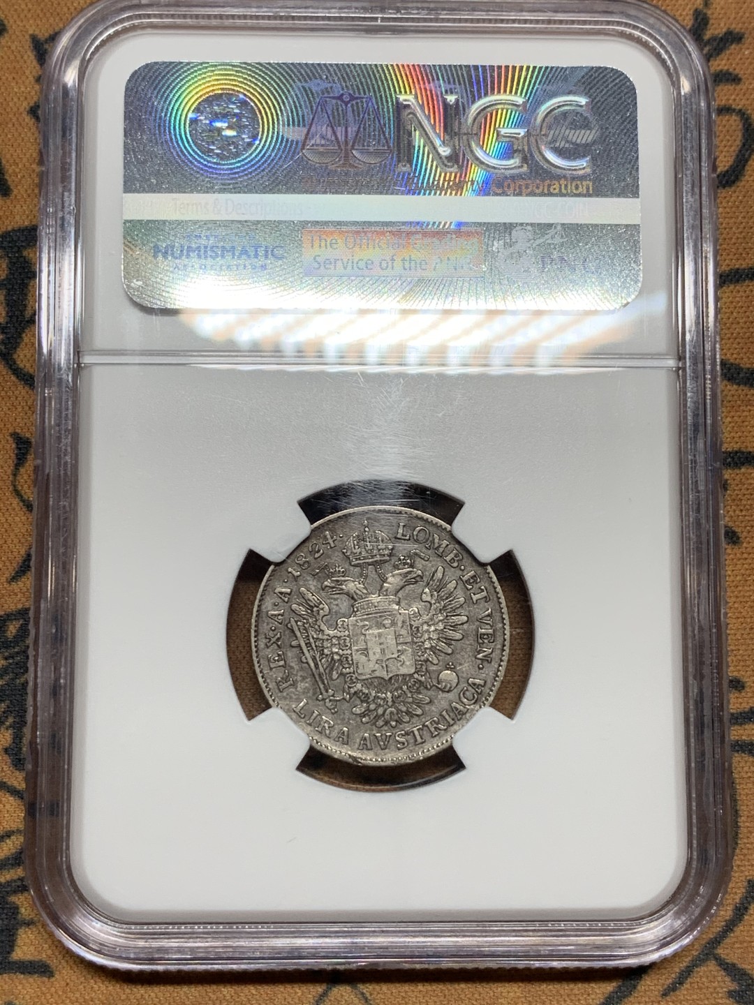 《竞宝斋》第106场-周日，周一 2场连拍（全场包邮） NGC VF35 奥属意大利伦巴第1824年 1里拉银币 细节清晰，少见品种