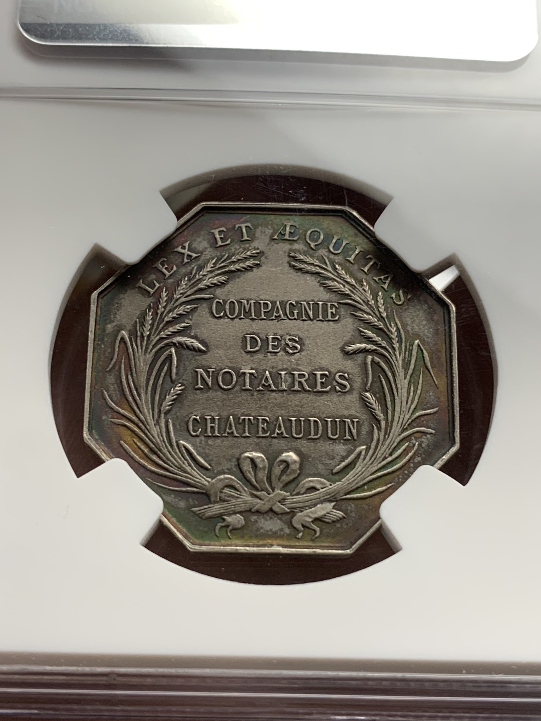 《竞宝斋》第106场-周日，周一 2场连拍（全场包邮） NGC MS63 19世纪法国查特顿公证处八角银章代用币 品相状态一流 包浆五彩 温润