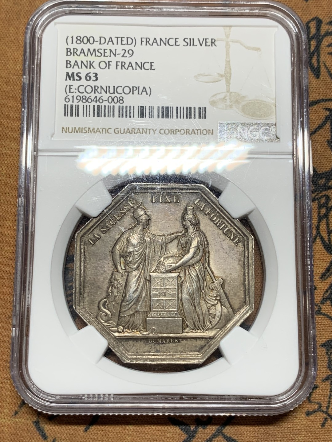 《竞宝斋》第106场-周日，周一 2场连拍（全场包邮） NGC-MS63 1800年法国法兰西银行八角代币 经典品种，五彩包浆