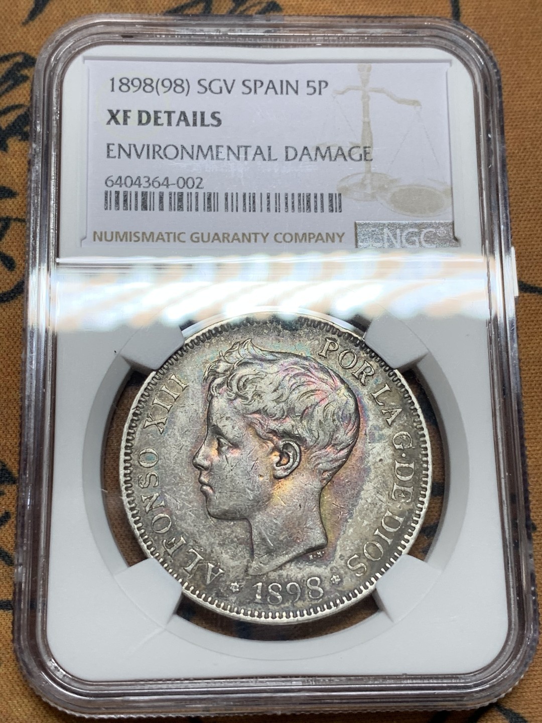 《竞宝斋》第106场-周日，周一 2场连拍（全场包邮） NGC-XFD 西班牙 1898年 阿方索十三世 5比塞塔 银币 酱彩包浆