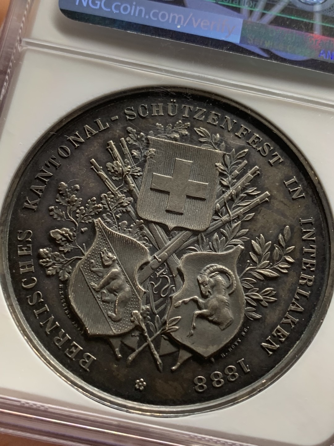 《竞宝斋》第106场-周日，周一 2场连拍（全场包邮） NGC MS61 瑞士 1888年 伯尔尼因特拉肯射击节大银章 稀少品种 原味包浆 低评好品好状态