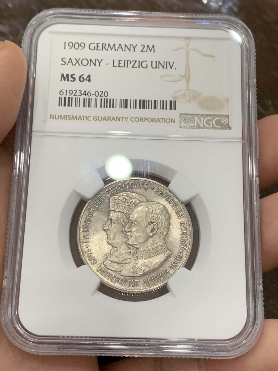 《竞宝斋》第106场-周日，周一 2场连拍（全场包邮） NGC-MS64 德国1909年 萨克森莱 比锡大学 2马克 银币