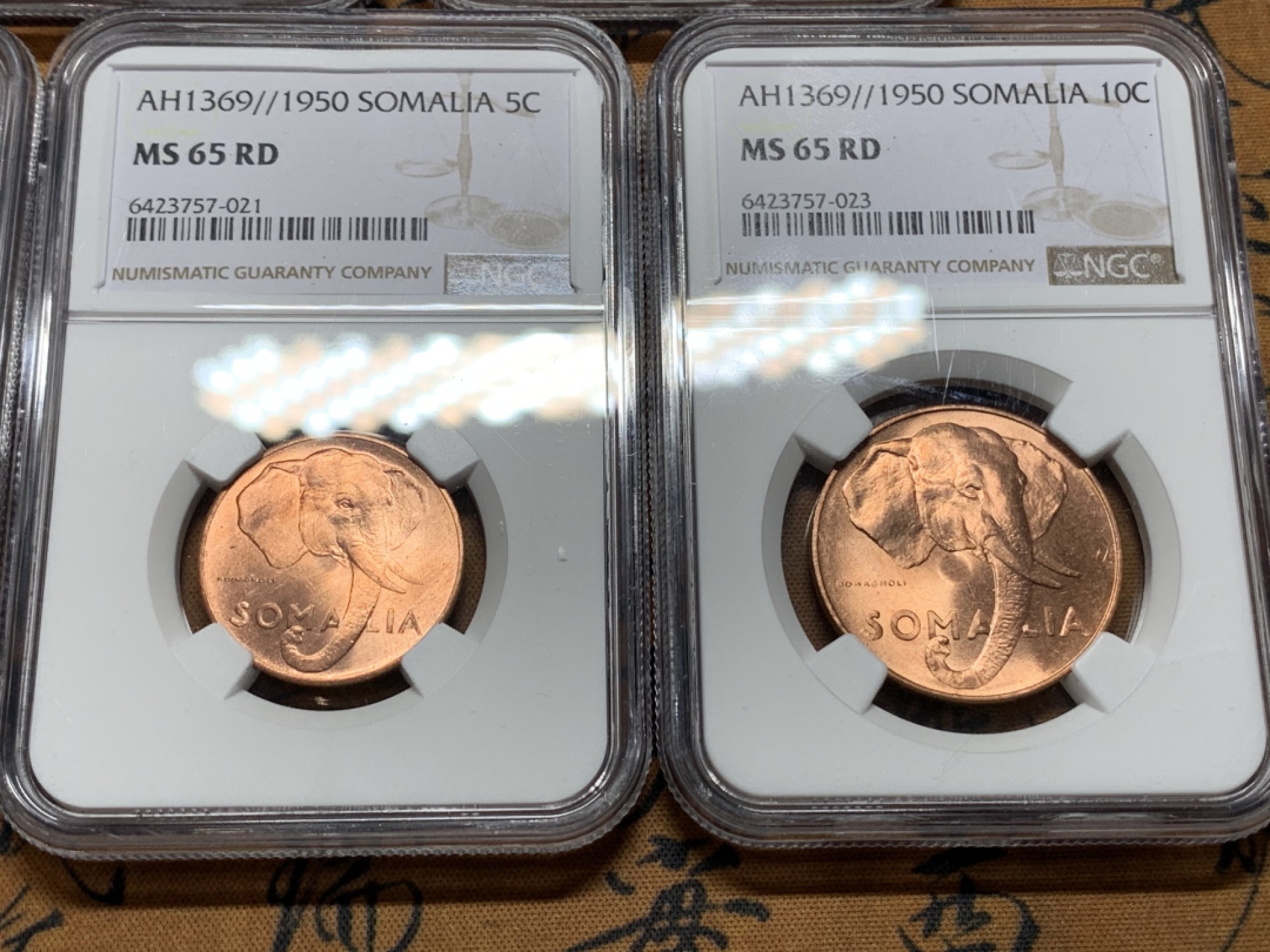 《竞宝斋》第106场-周日，周一 2场连拍（全场包邮） NGC MS65  意托索马里1950 顶级全套币 （含两枚银币）