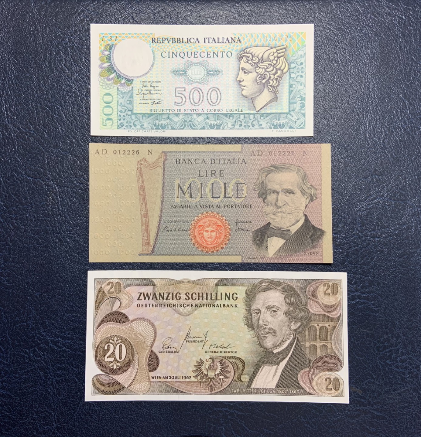 收藏联盟Quantum Auction 第199期拍卖  意大利和奥地利不同面值三张 品相全新UNC 1000里拉威尔第是初版