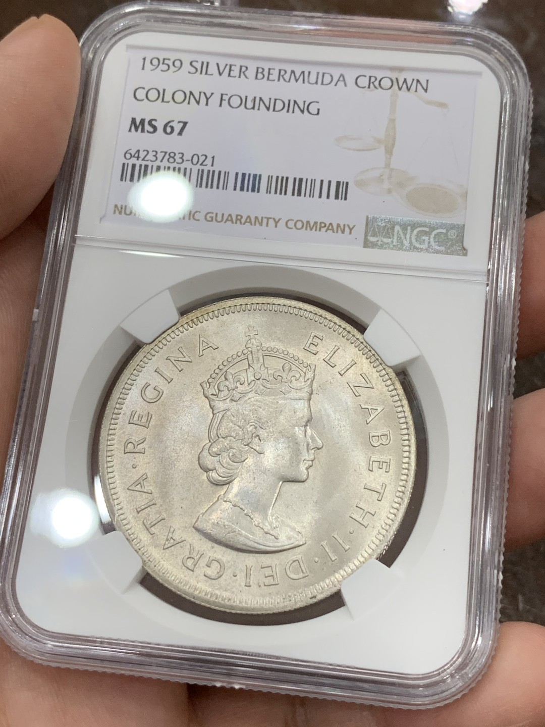 《竞宝斋》第106场-周日，周一 2场连拍（全场包邮） NGC-MS67 百慕大1959年 殖民地纪念 1克朗大银币 顶级品相 变态高分