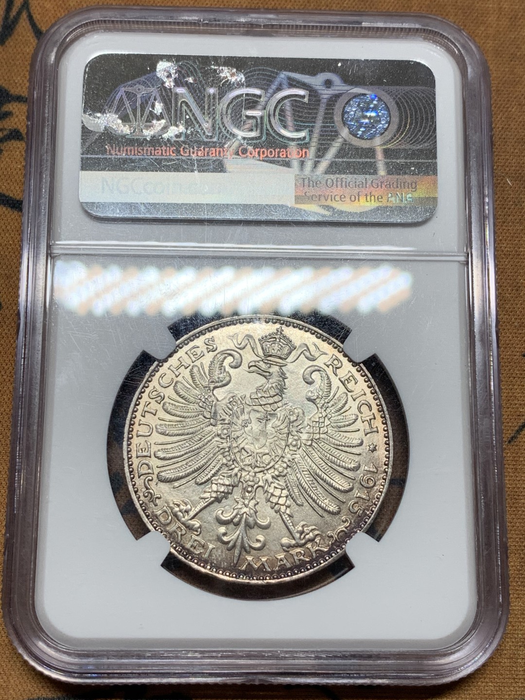 《竞宝斋》第106场-周日，周一 2场连拍（全场包邮） NGC  MS62 德国 1915年 萨克森-魏玛-爱森纳赫 3马克银币 少见品种