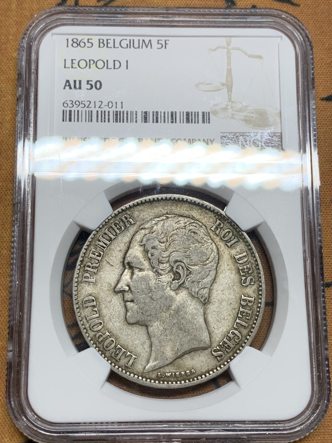 《竞宝斋》第106场-周日，周一 2场连拍（全场包邮） NGC-AU50 比利时1865 利奥波德一世 5法郎大银币 这年份比较少