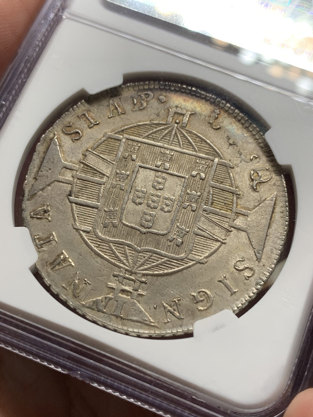 《竞宝斋》第106场-周日，周一 2场连拍（全场包邮） NGC-MS62 1819R葡属巴西地球960里斯大银 金色淡彩！暴涨品种 这种味道的少了