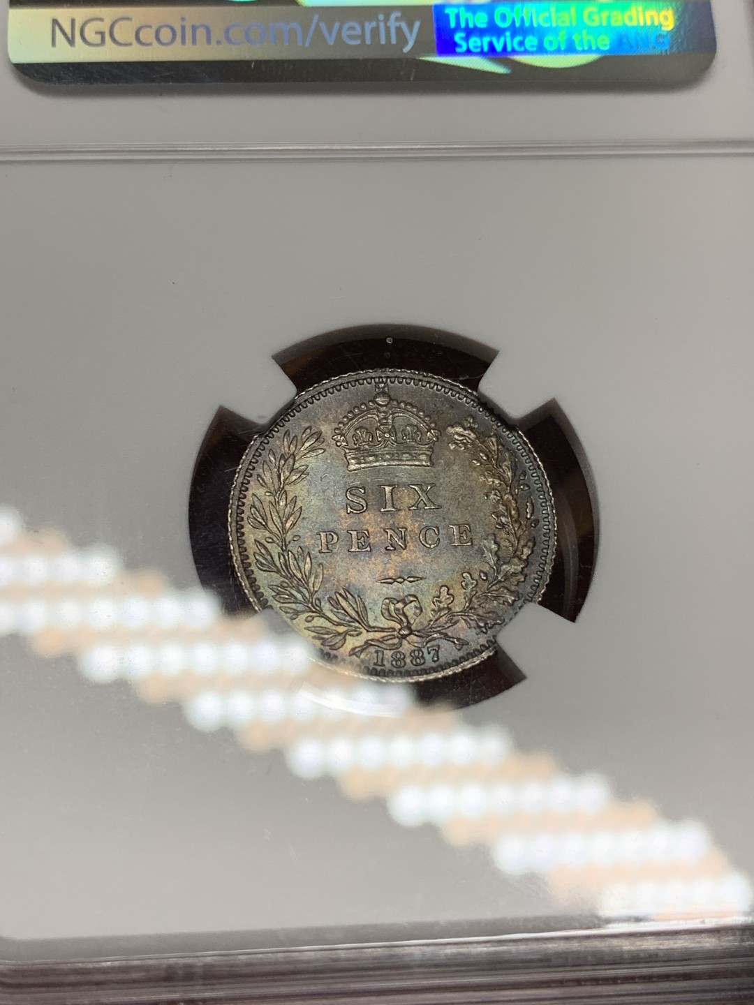 《竞宝斋》第106场-周日，周一 2场连拍（全场包邮） NGC-MS63+ 英国1887年6便士，包浆漂亮，好币