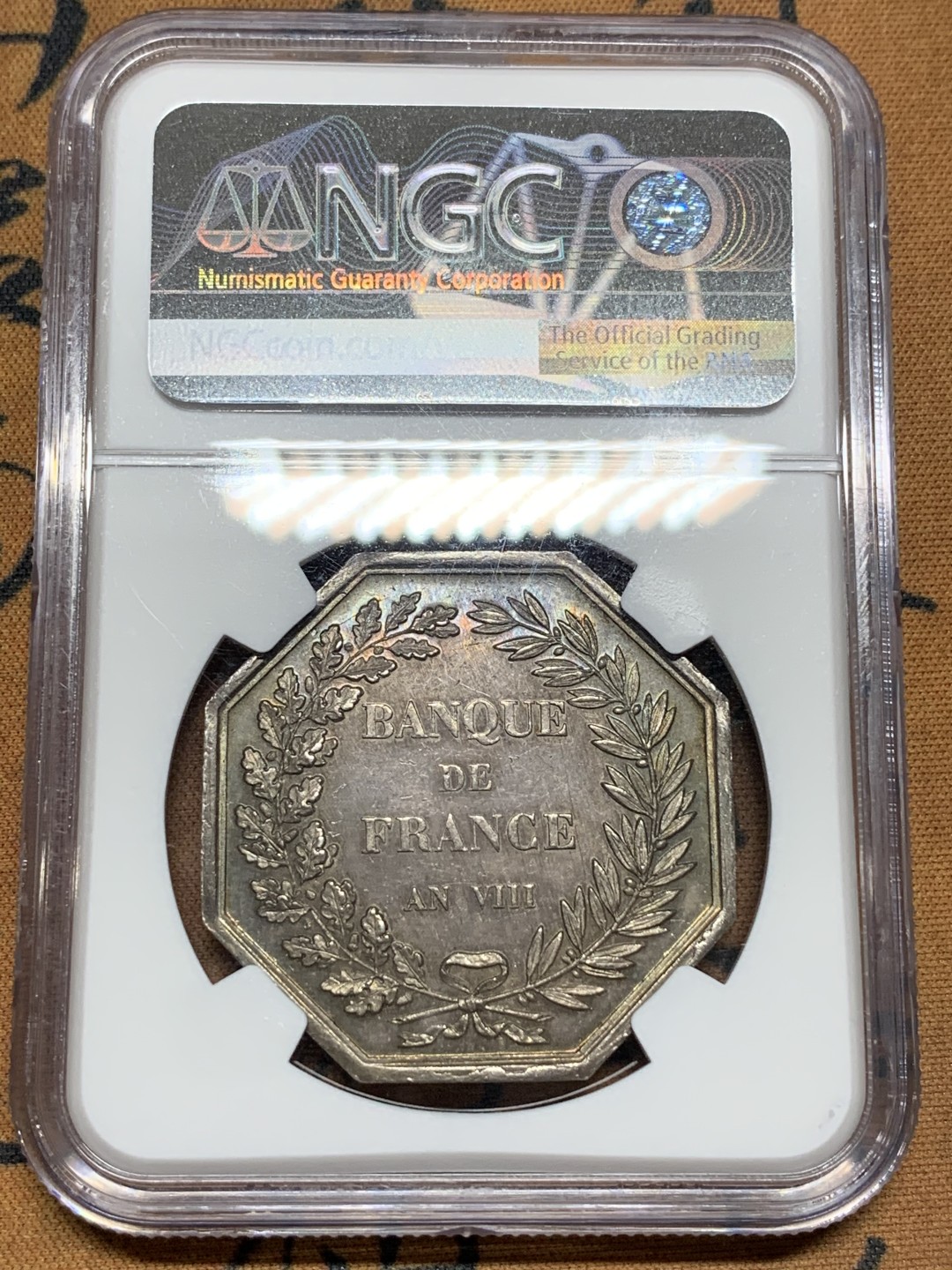 《竞宝斋》第106场-周日，周一 2场连拍（全场包邮） NGC-MS63 1800年法国法兰西银行八角代币 经典品种，五彩包浆