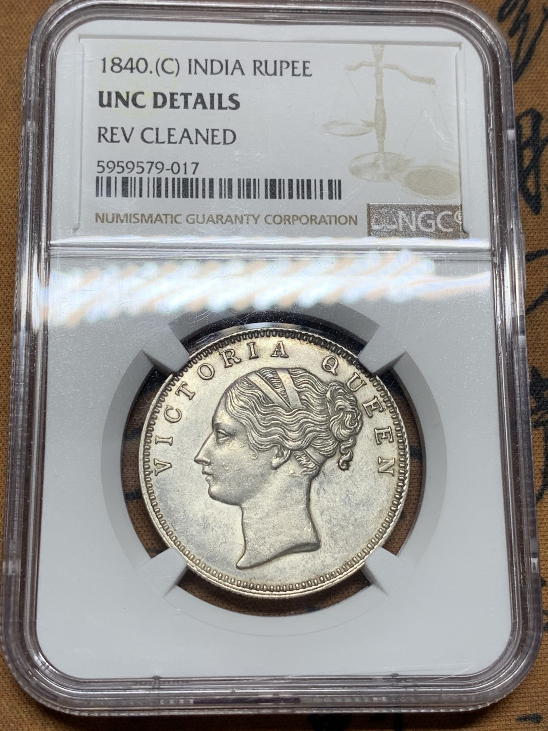 《竞宝斋》第106场-周日，周一 2场连拍（全场包邮） NGC UNC 1840年C 单辫卢比 双面原银光都在 背面老包浆稍稍有清洗 状态很不错