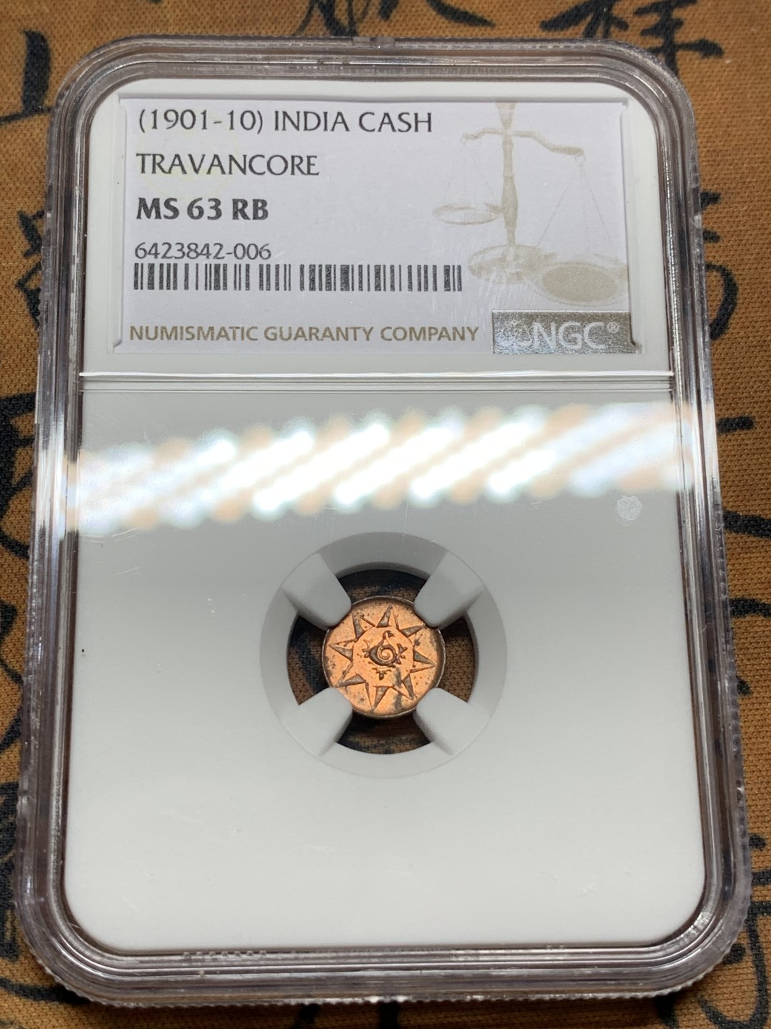 《竞宝斋》第106场-周日，周一 2场连拍（全场包邮） NGC MS63RB 印度特拉凡哥尔邦1901-10年1卡什铜币