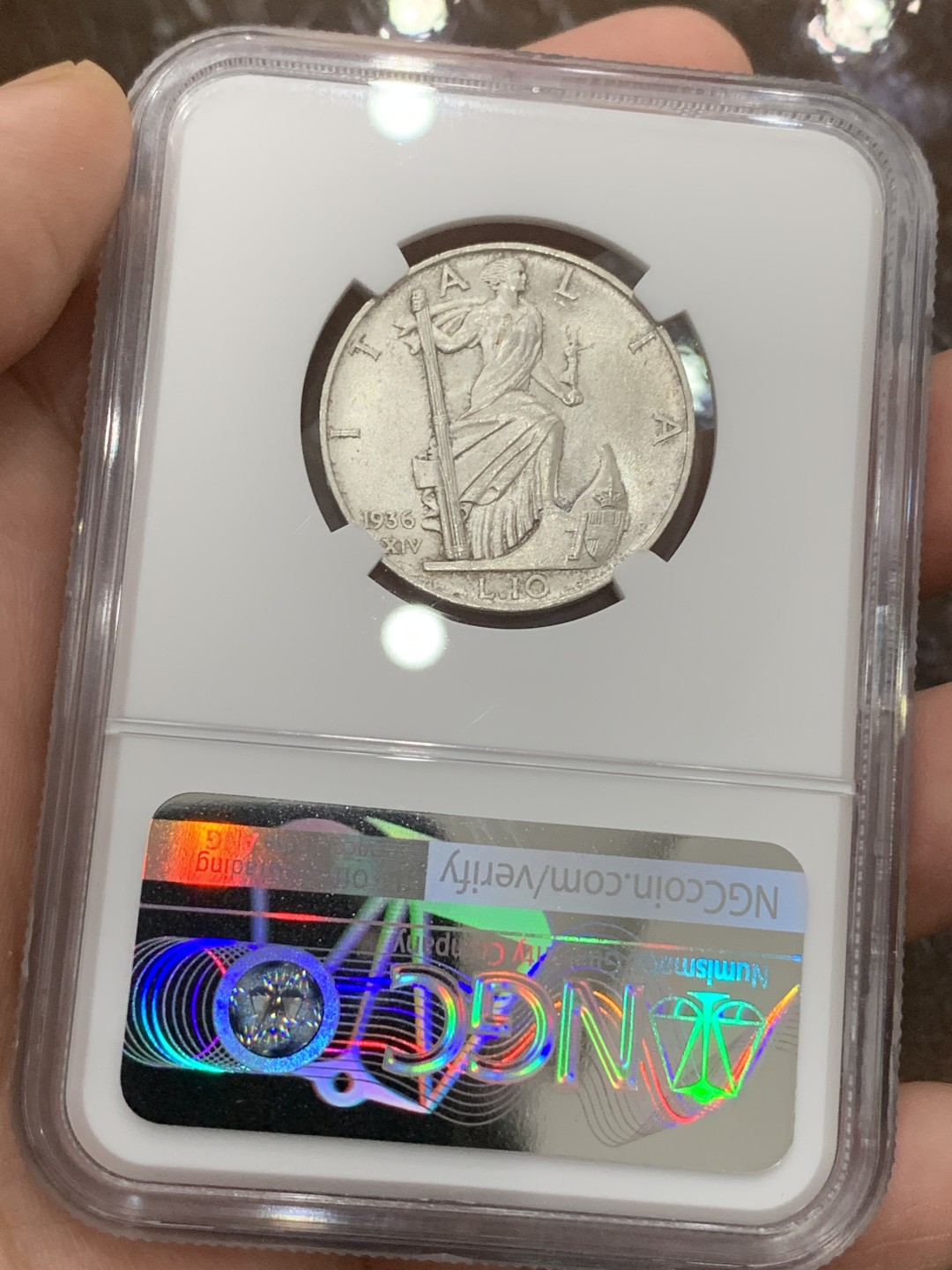 《竞宝斋》第106场-周日，周一 2场连拍（全场包邮） NGC-MS64 意大利1936年 艾曼纽尔三世 10里拉银币 少见品种 高分