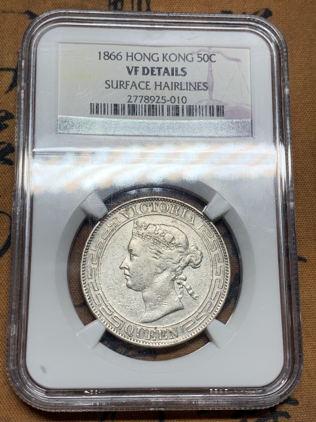 《竞宝斋》第106场-周日，周一 2场连拍（全场包邮） NGC-VFD 香港1866年 半圆 银币，早期港币名誉品，维多利亚半圆，极为少见