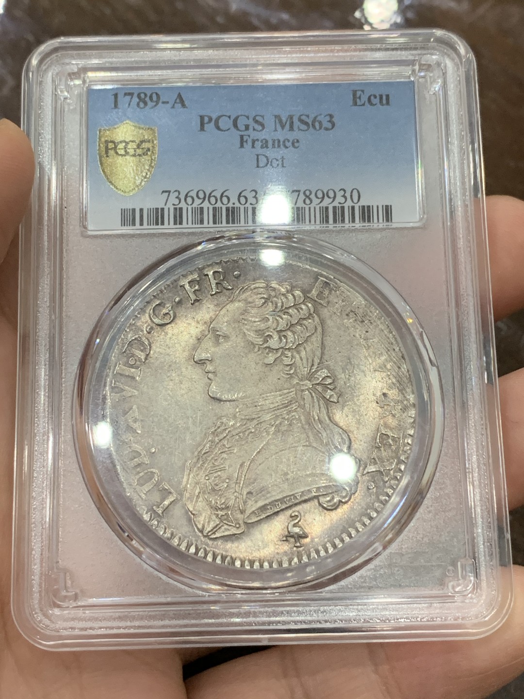 《竞宝斋》第106场-周日，周一 2场连拍（全场包邮） PCGS-MS63 法国  1789年 法国大革命时期 路易十六 大埃居 人像全深打 极为难得