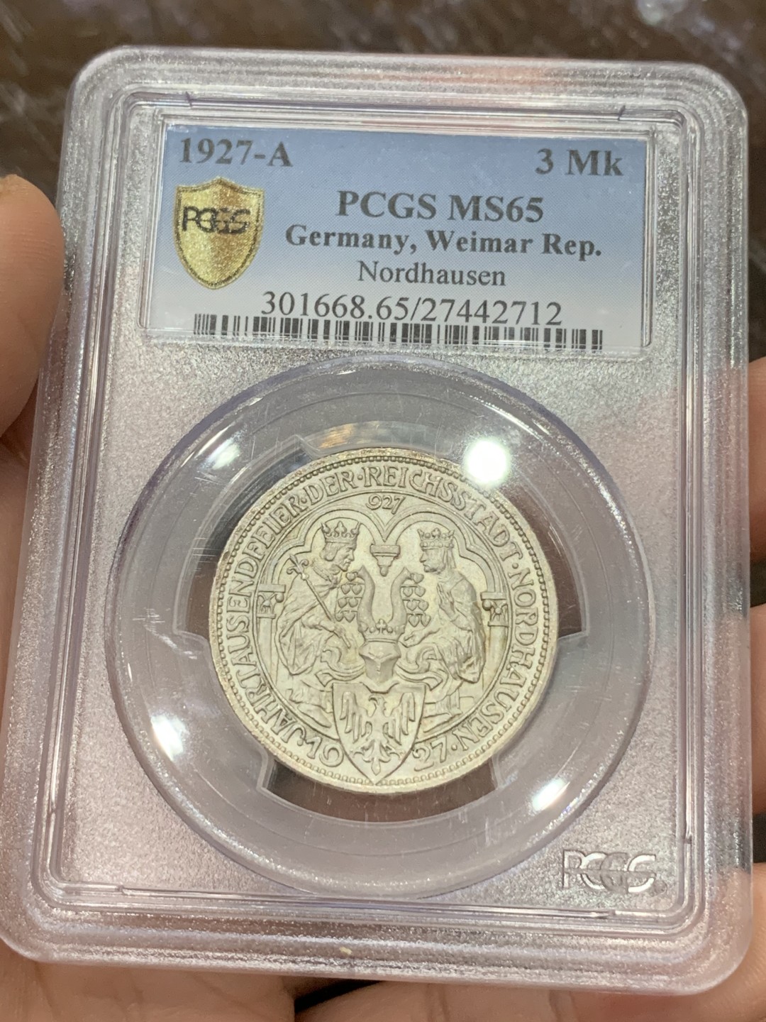 《竞宝斋》第106场-周日，周一 2场连拍（全场包邮） PCGS MS65 德国1927年魏玛诺德豪森纪念3马克银币，原光高分