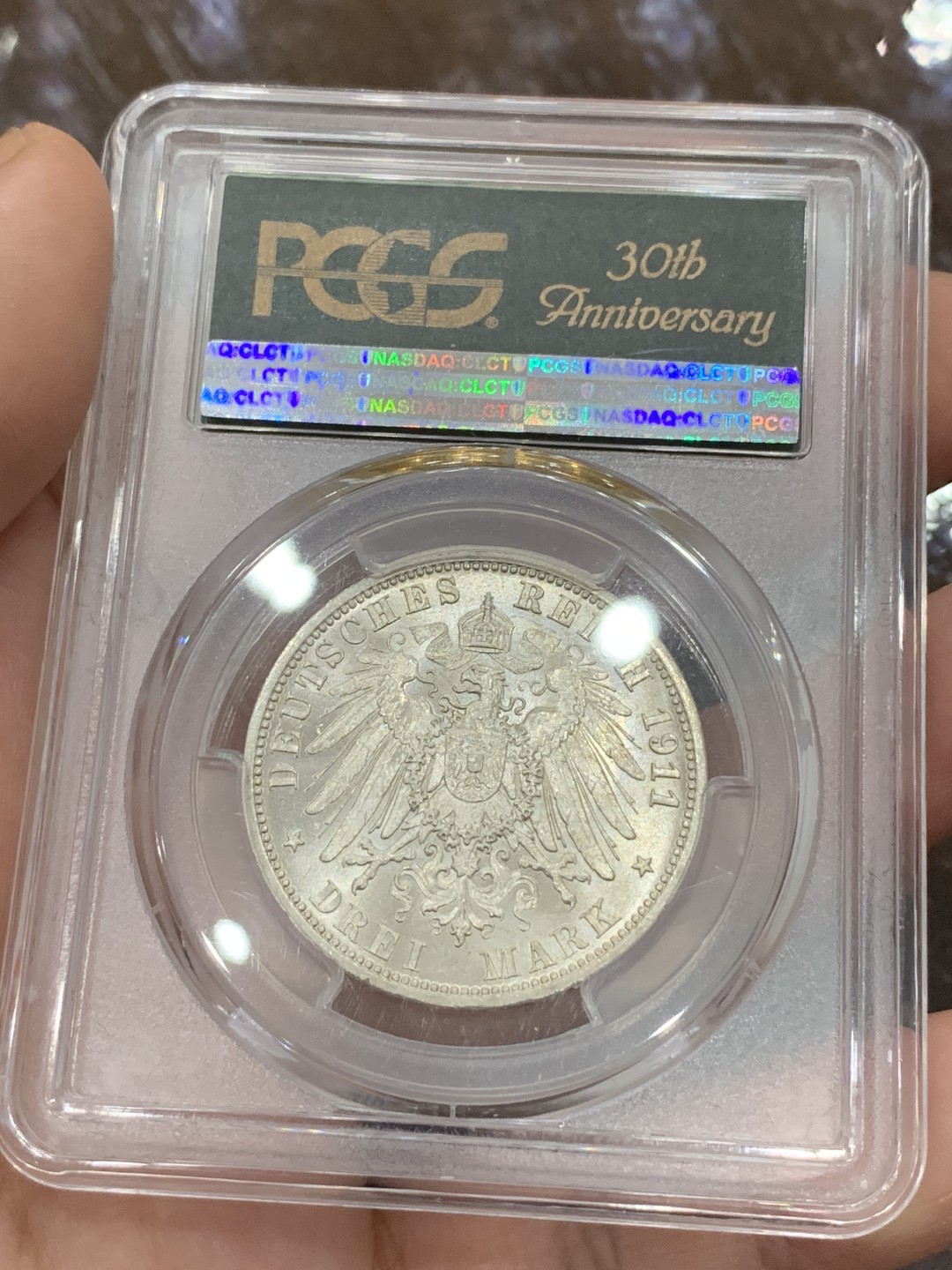 《竞宝斋》第106场-周日，周一 2场连拍（全场包邮） PCGS-MS63 德国1911年普鲁士3马克 银币，原卷光，PCGS 35周年盒子