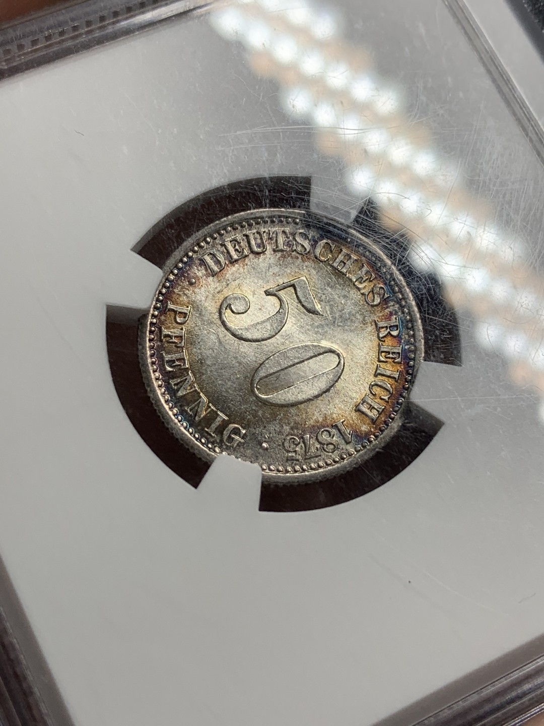 《竞宝斋》第106场-周日，周一 2场连拍（全场包邮） NGC-MS62 德国1875G短翅50芬尼银币 完美原光幻彩包浆 太漂亮