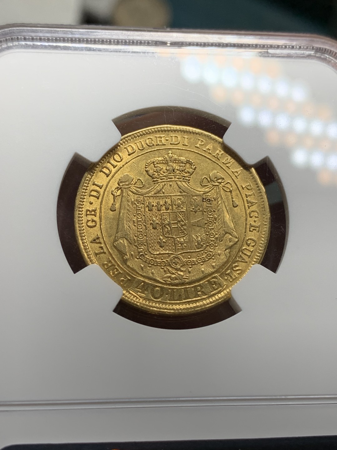 《竞宝斋》第106场-周日，周一 2场连拍（全场包邮） NGC-AU58 1815年意大利帕尔马40里拉金币 12.9克 拿皇的第二任妻子头像的金币，克书价极高，HA上MS的2万多不含佣金，AU58性价比高