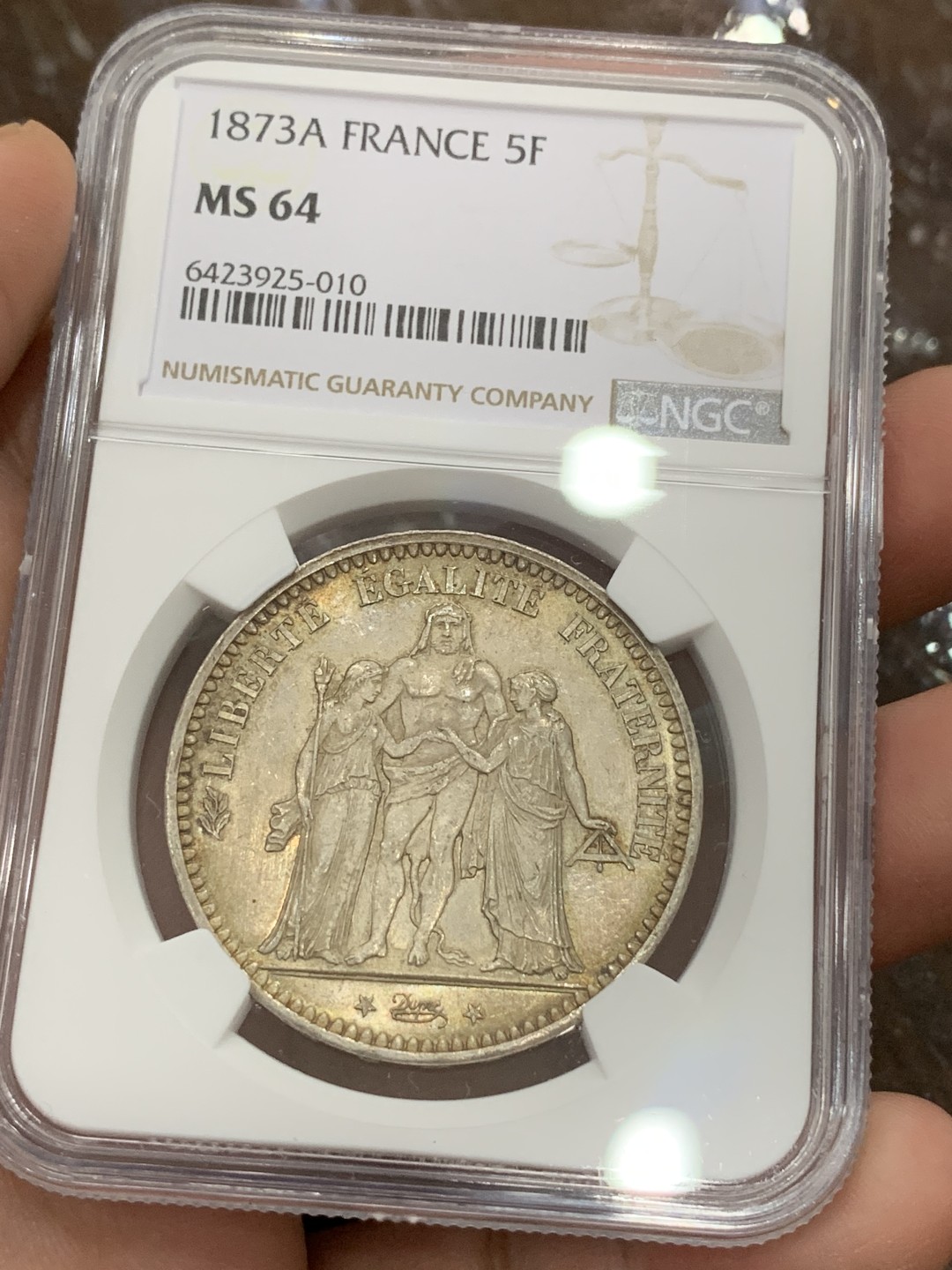 《竞宝斋》第106场-周日，周一 2场连拍（全场包邮） NGC-MS64 法国1873年 大力神5法郎银币 五彩包浆非常漂亮