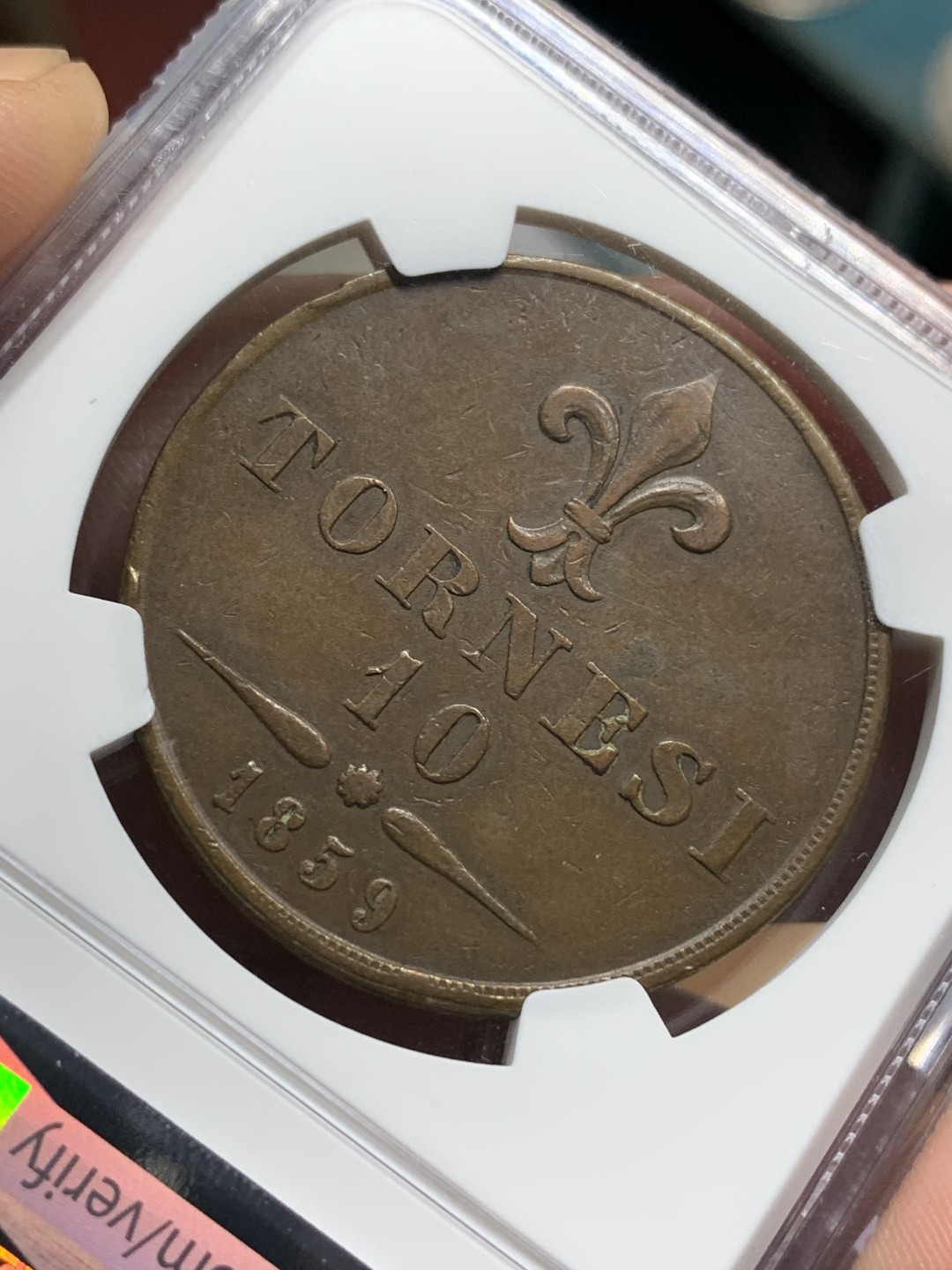 《竞宝斋》第106场-周日，周一 2场连拍（全场包邮） NGC-XF45 意大利那不勒斯1859年10托 少见弗朗西斯二世单年版 31.18g大铜 齿边压印向左 少见品种