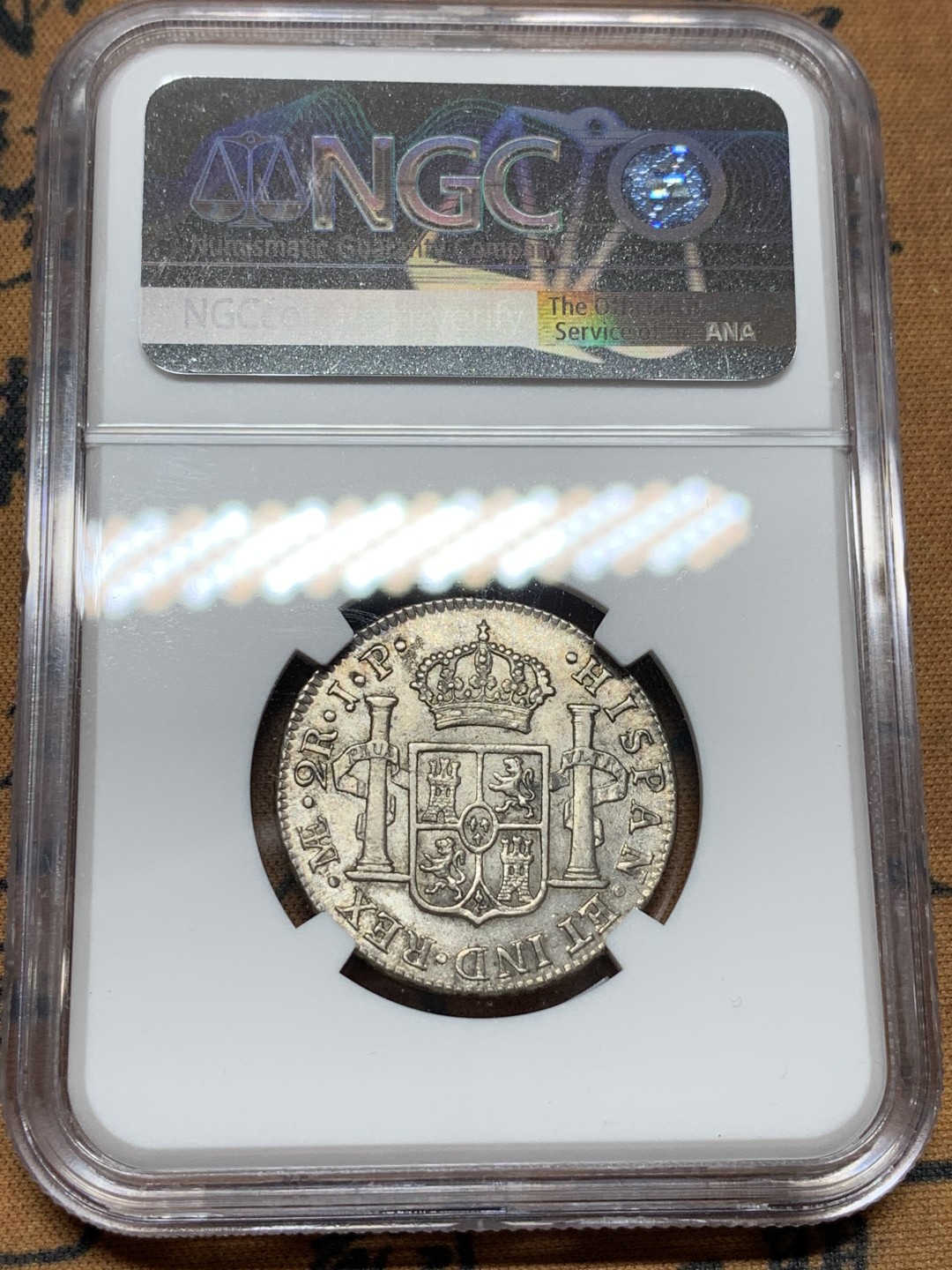 《竞宝斋》第106场-周日，周一 2场连拍（全场包邮） NGC AU55 西属秘鲁1817年费迪南七世2瑞尔银币，少见