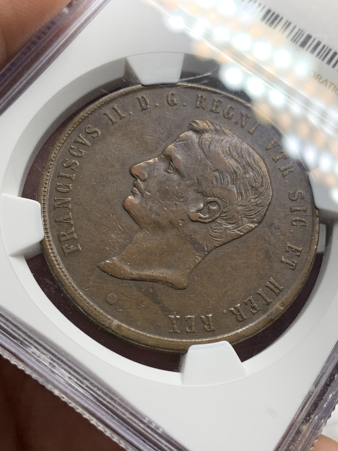 《竞宝斋》第106场-周日，周一 2场连拍（全场包邮） NGC-XF45 意大利那不勒斯1859年10托 少见弗朗西斯二世单年版 31.18g大铜 齿边压印向左 少见品种