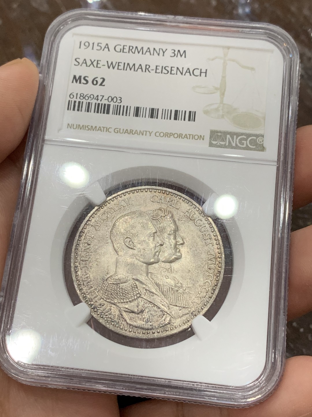 《竞宝斋》第106场-周日，周一 2场连拍（全场包邮） NGC  MS62 德国 1915年 萨克森-魏玛-爱森纳赫 3马克银币 少见品种