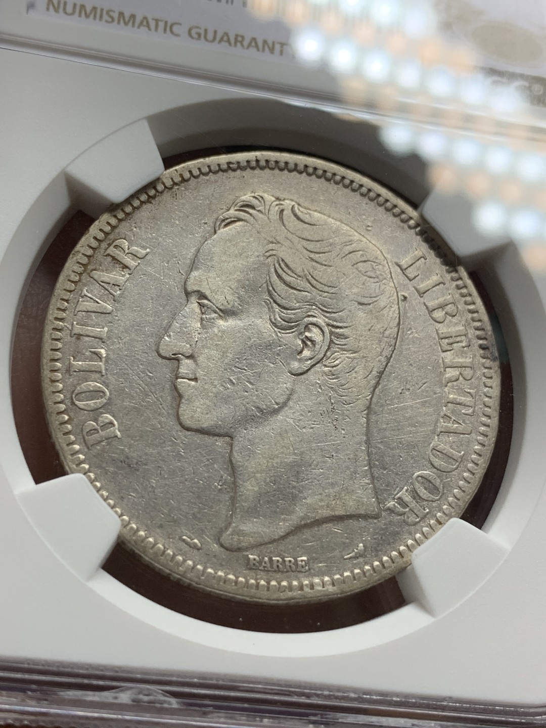 《竞宝斋》第106场-周日，周一 2场连拍（全场包邮） NGC-VFD 委内瑞拉 1910年 5玻利瓦尔银币 早期年份