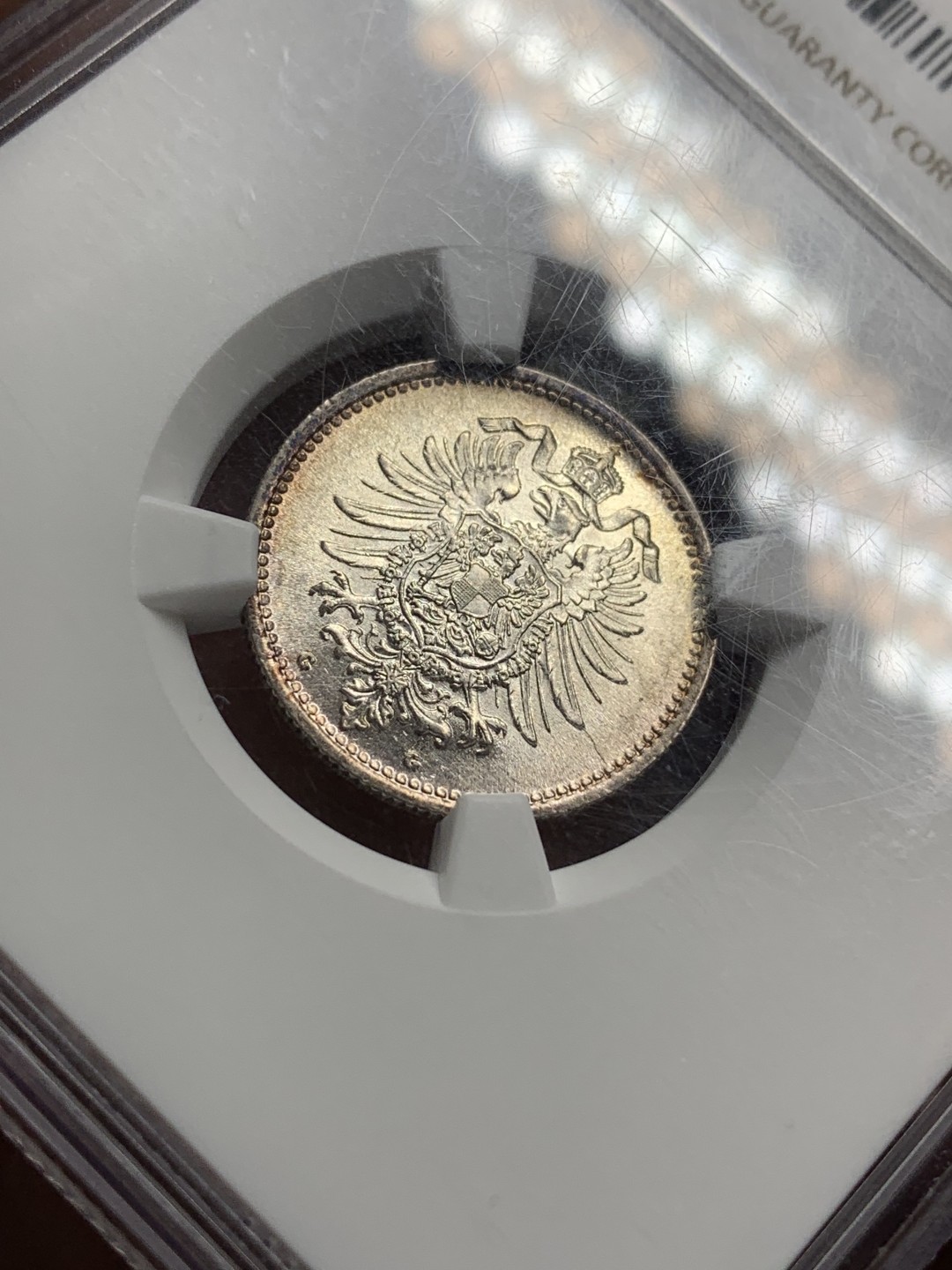 《竞宝斋》第106场-周日，周一 2场连拍（全场包邮） NGC-MS62 德国1875G短翅50芬尼银币 完美原光幻彩包浆 太漂亮