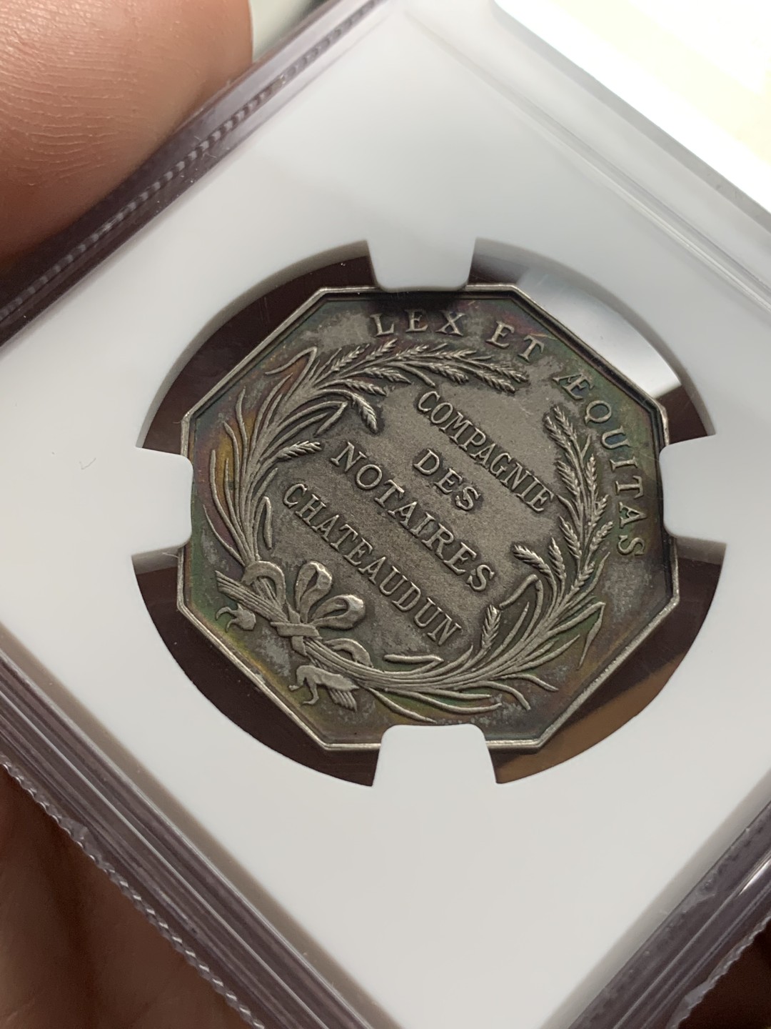 《竞宝斋》第106场-周日，周一 2场连拍（全场包邮） NGC MS63 19世纪法国查特顿公证处八角银章代用币 品相状态一流 包浆五彩 温润