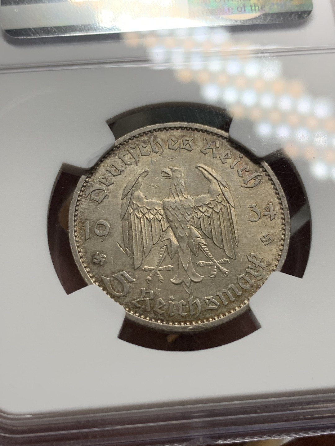 《竞宝斋》第106场-周日，周一 2场连拍（全场包邮） NGC-MS62 1934年加字教堂5马克 纪念小胡子上台一周年 该品种传世好味道难得