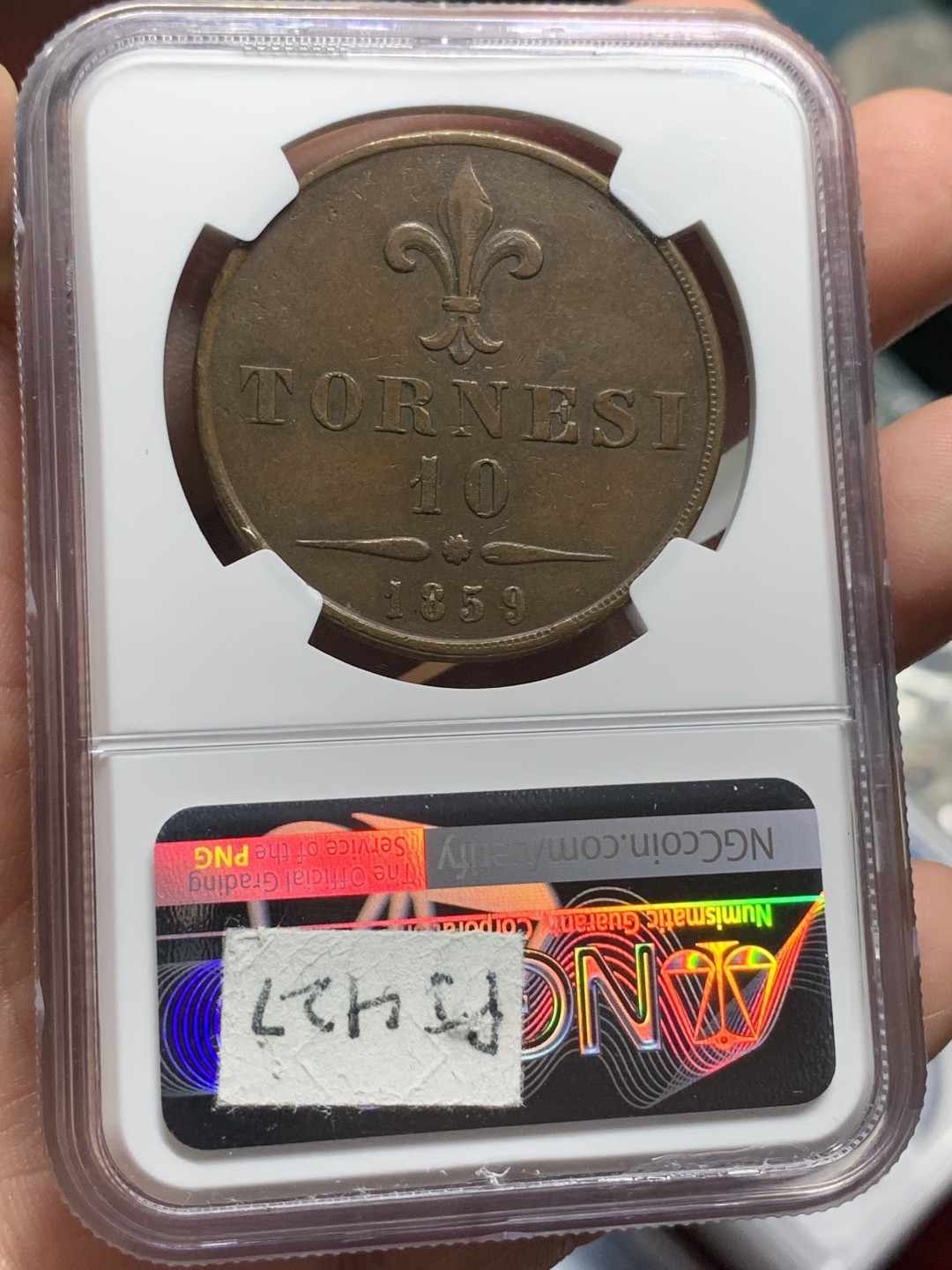 《竞宝斋》第106场-周日，周一 2场连拍（全场包邮） NGC-XF45 意大利那不勒斯1859年10托 少见弗朗西斯二世单年版 31.18g大铜 齿边压印向左 少见品种