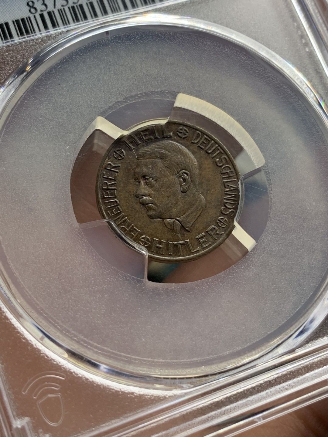 《竞宝斋》第106场-周日，周一 2场连拍（全场包邮） PCGS UNC97 德国1938年 小胡子 50芬尼 代用币 这个头像带面值的基本见不到，这个细节好给了97 比较遗憾