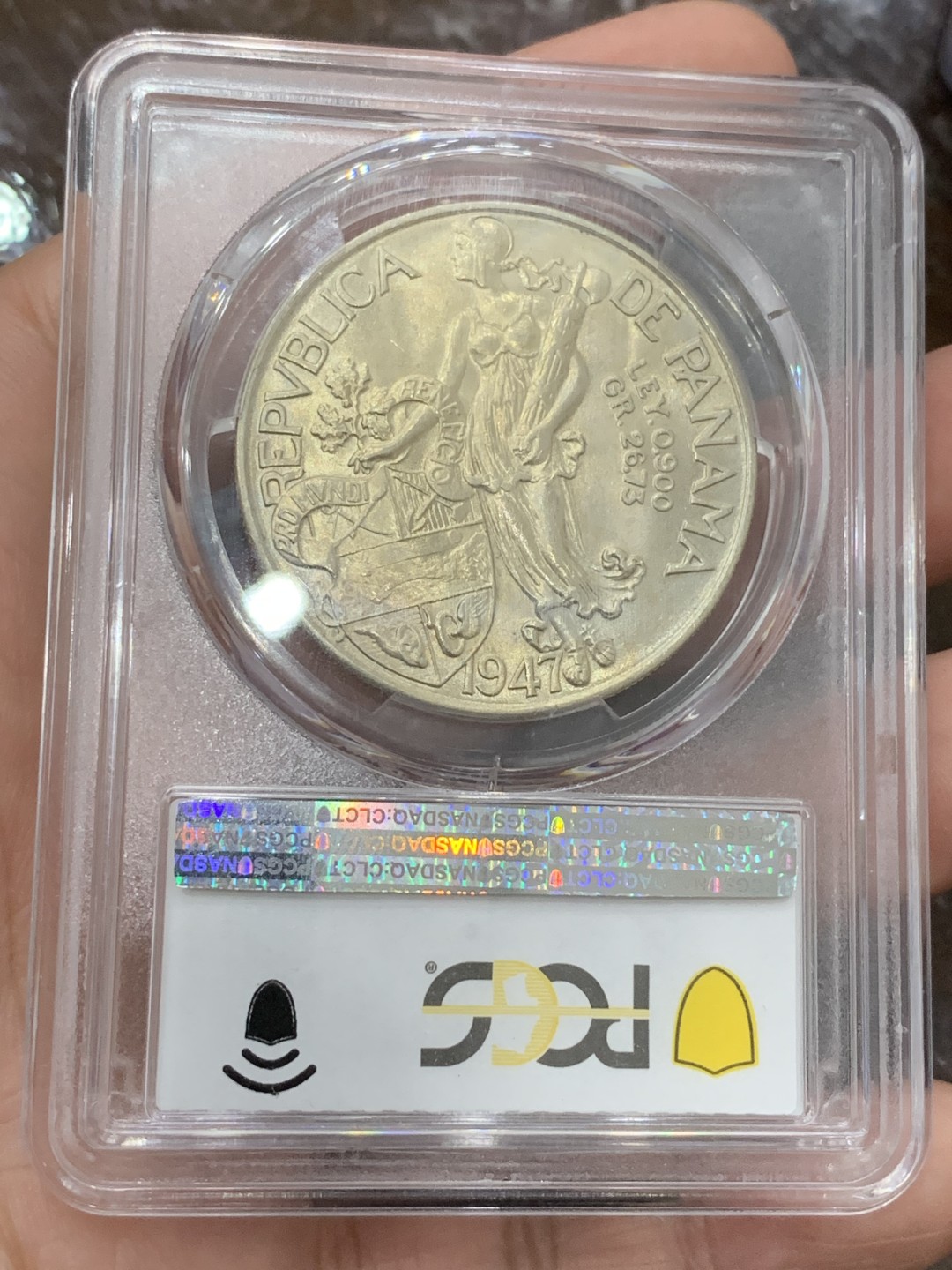 《竞宝斋》第106场-周日，周一 2场连拍（全场包邮） PCGS-MS65 巴拿马 1947年 1巴波亚武士、胜利女神银币 镜面地板 状态极好