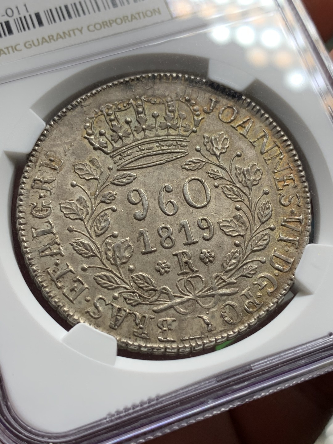 《竞宝斋》第106场-周日，周一 2场连拍（全场包邮） NGC-MS62 1819R葡属巴西地球960里斯大银 金色淡彩！暴涨品种 这种味道的少了