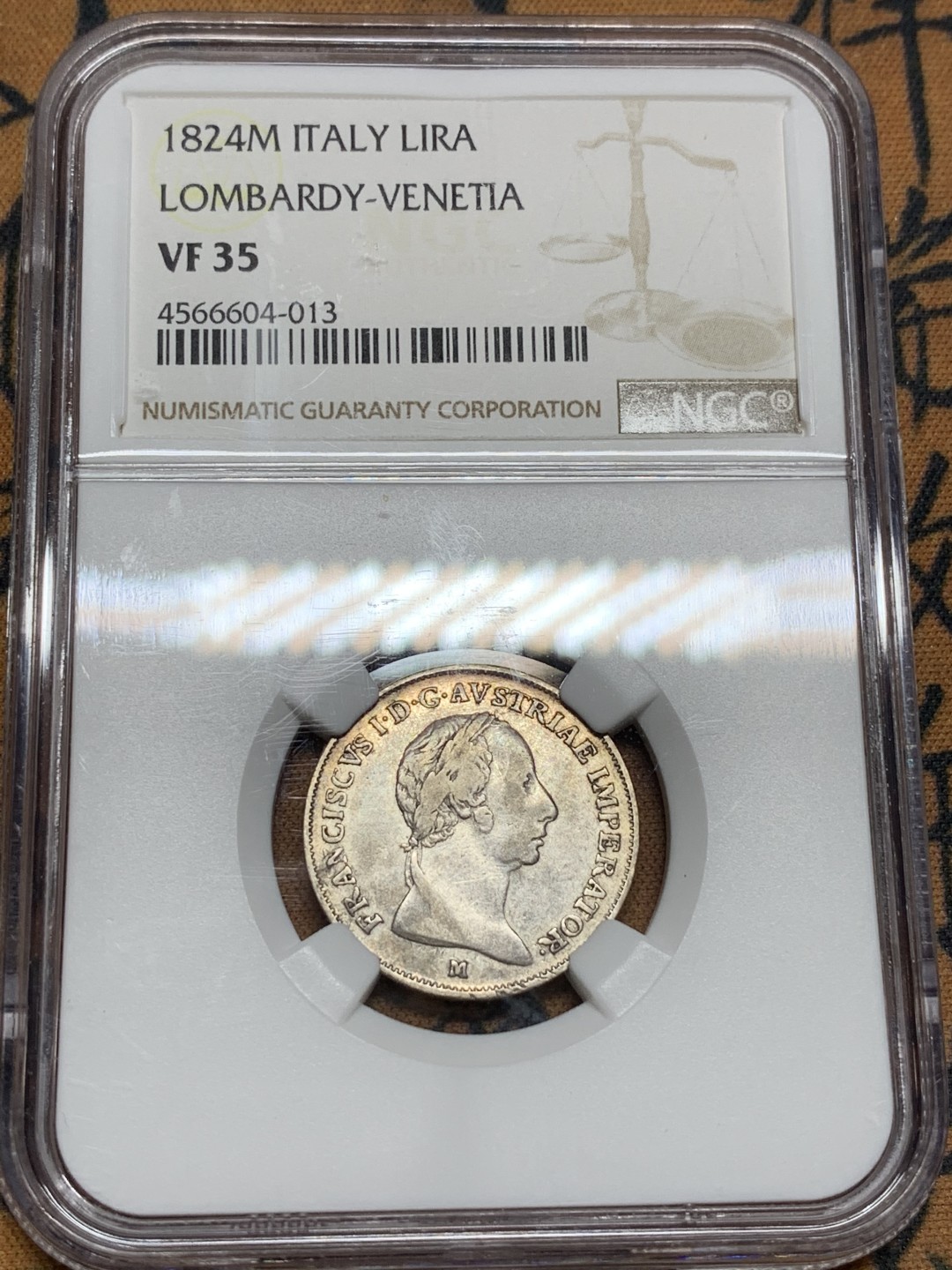 《竞宝斋》第106场-周日，周一 2场连拍（全场包邮） NGC VF35 奥属意大利伦巴第1824年 1里拉银币 细节清晰，少见品种