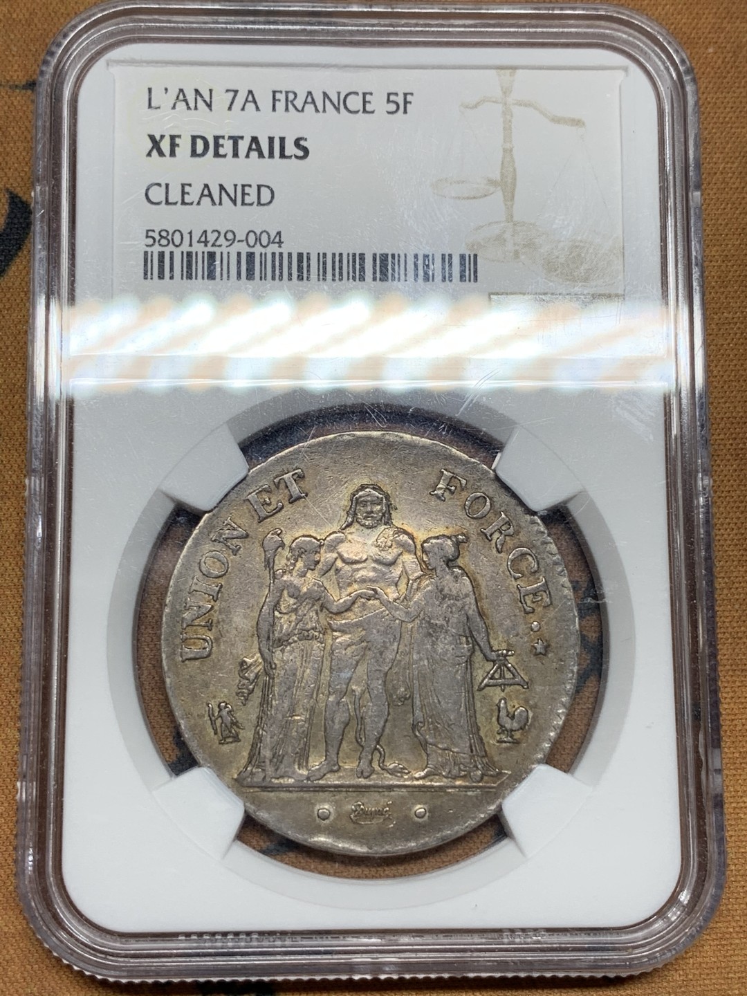 《竞宝斋》第106场-周日，周一 2场连拍（全场包邮） 法国 NGC-XF 法国第一共和国 LAN7年 大力神5法郎银币 不多的年份 深五彩包浆