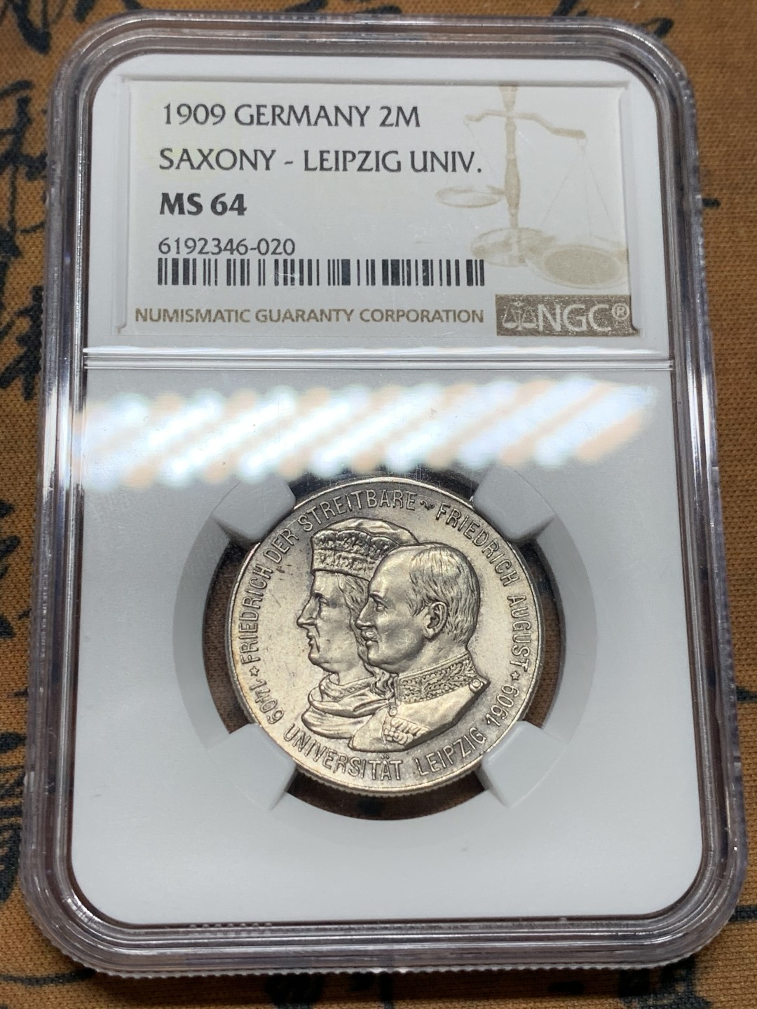 《竞宝斋》第106场-周日，周一 2场连拍（全场包邮） NGC-MS64 德国1909年 萨克森莱 比锡大学 2马克 银币