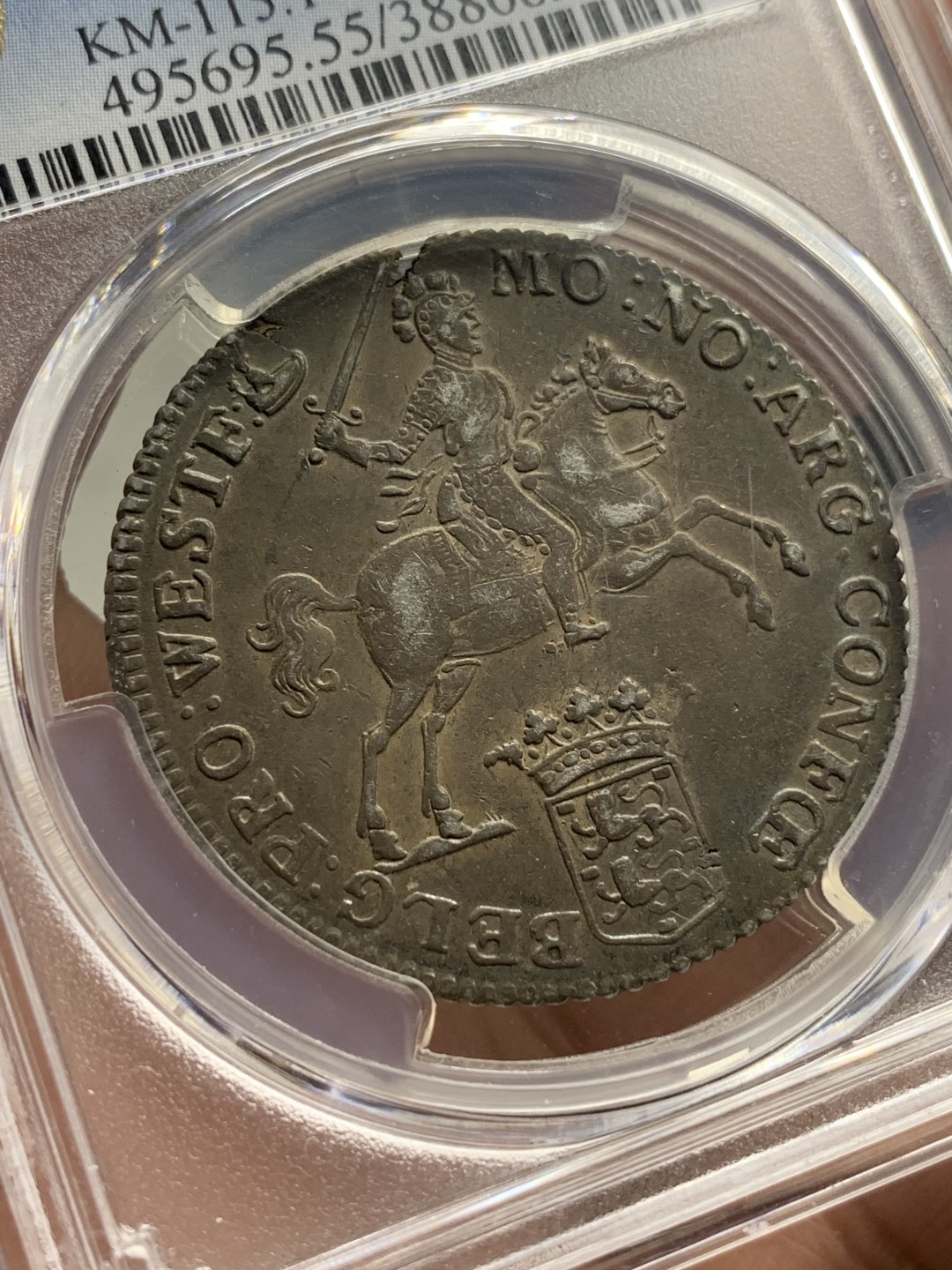 《竞宝斋》第106场-周日，周一 2场连拍（全场包邮） 亚军 PCGS AU55 荷兰 少见德 西弗利斯兰省 1764年 半杜卡特马剑银币 早期垂尾品种 双面深彩包浆状态极好 这个状态难觅 P标错了 细节见图