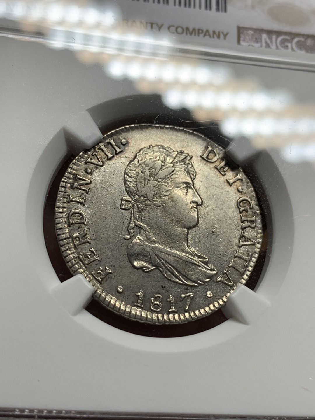 《竞宝斋》第106场-周日，周一 2场连拍（全场包邮） NGC AU55 西属秘鲁1817年费迪南七世2瑞尔银币，少见